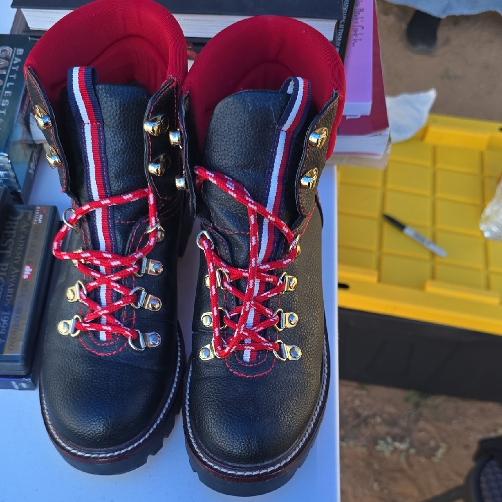 Black and Red Tommy Hilfiger Boots with Gold Accents